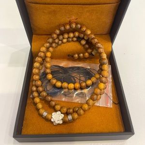 Real Agarwood Bracelet 108 beads w/ Silver Flower